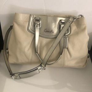 Coach Leather Handbag Purse Leather Ivory White & Silver